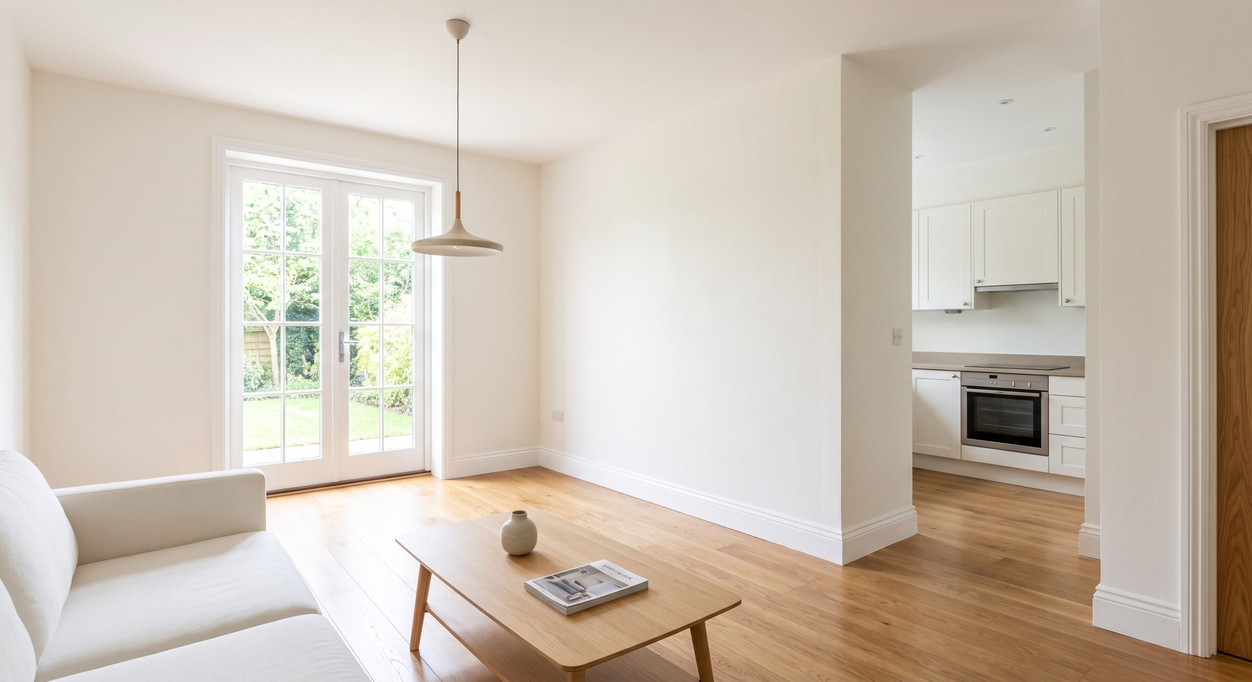 Séjour clair avec canapé blanc et table basse en bois, ouvert sur une cuisine