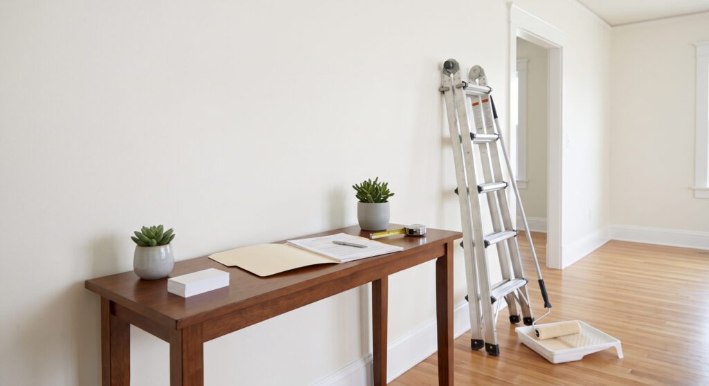 Table en bois avec documents et plantes, près d’un escabeau dans une pièce claire