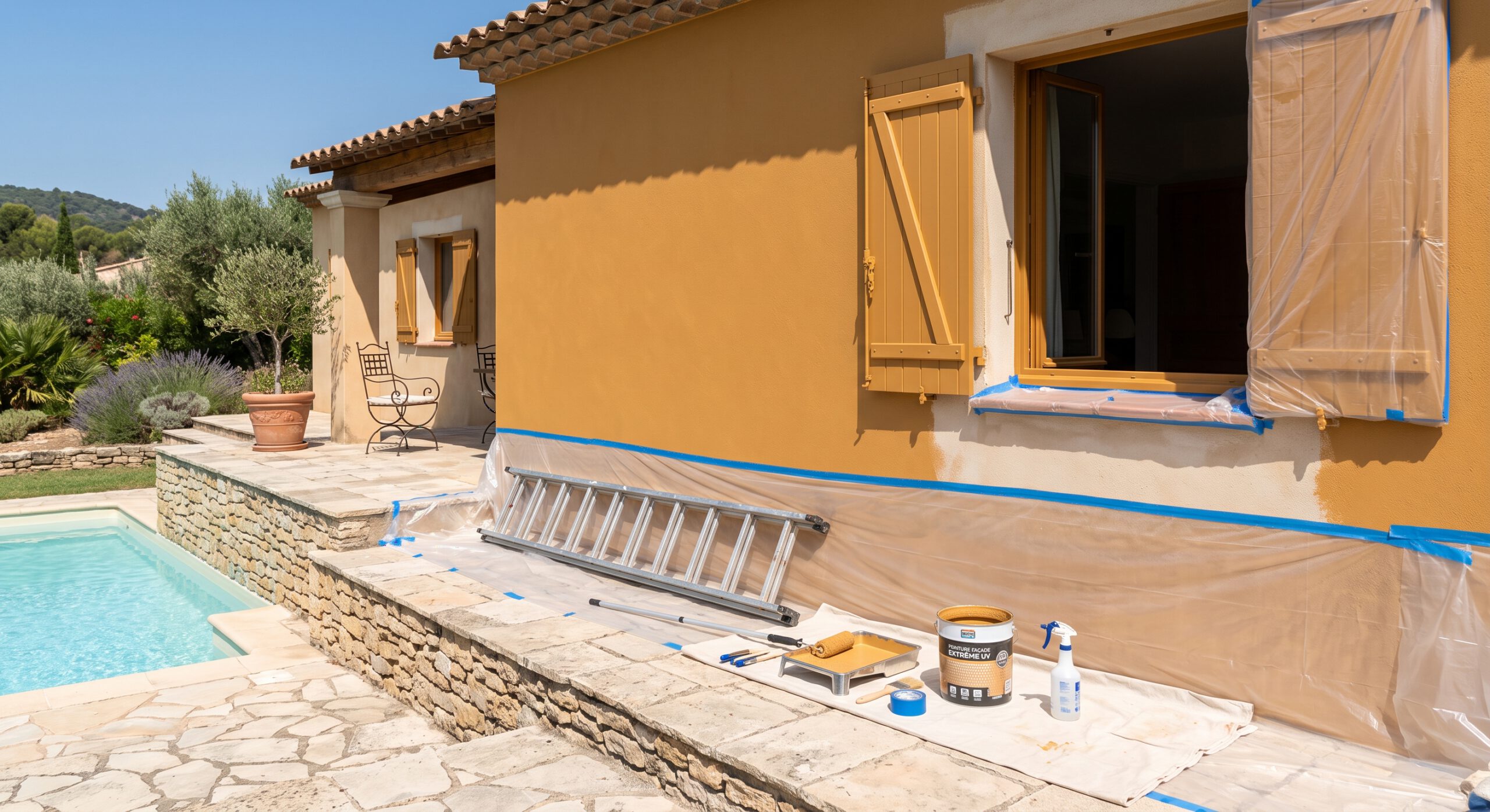 Façade ocre au bord d’une piscine, fenêtres protégées et matériel de peinture