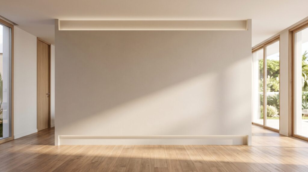 Pièce lumineuse aux murs beiges, parquet et grandes baies vitrées