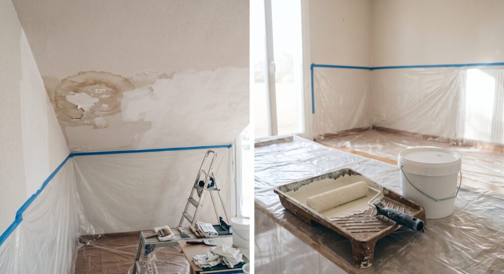 Plafond taché et pièce protégée avec rouleau et bac de peinture