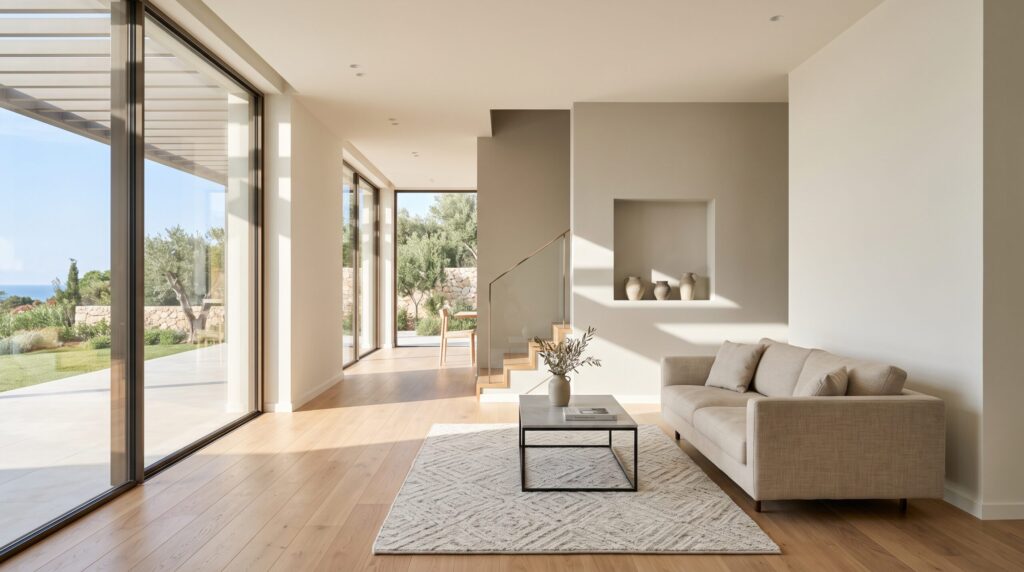 Salon beige avec canapé, parquet et grandes baies vitrées