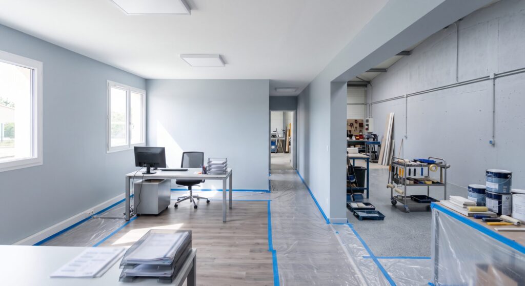 Bureau aux murs gris et atelier adjacent avec sols et mobilier protégés