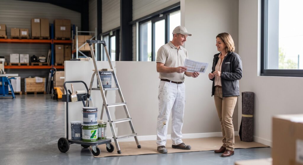 Peintre montrant un document à une personne dans un atelier