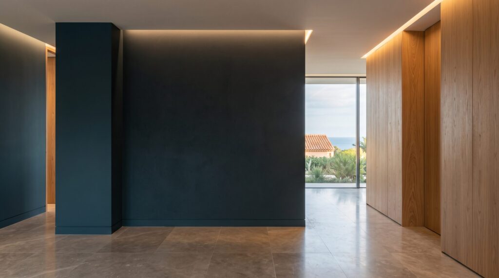 Entrée aux murs bleu foncé et panneaux de bois avec éclairage indirect