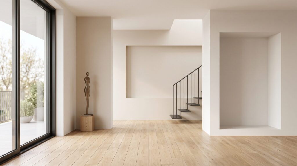 Intérieur clair avec niches murales, escalier et parquet