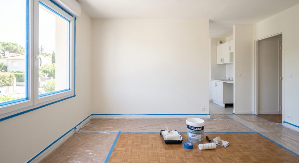 Pièce blanche avec kitchenette, parquet protégé et matériel de peinture