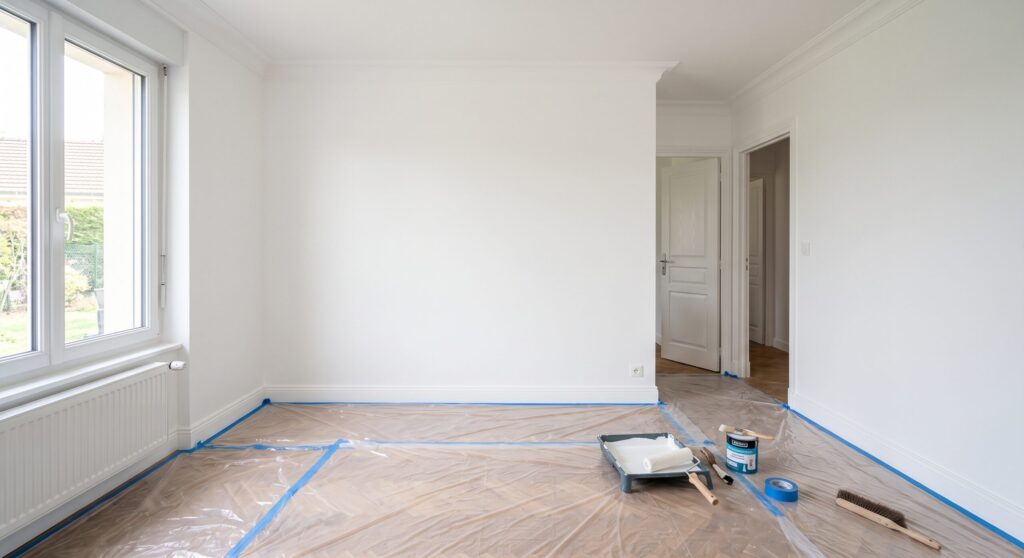 Pièce aux murs blancs avec fenêtre, radiateur et matériel de peinture