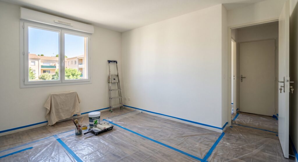 Pièce aux murs blancs avec sol protégé, escabeau et pots de peinture