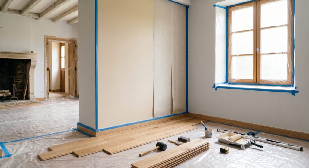 Pièce en rénovation avec lames de parquet, lé de papier peint et outils
