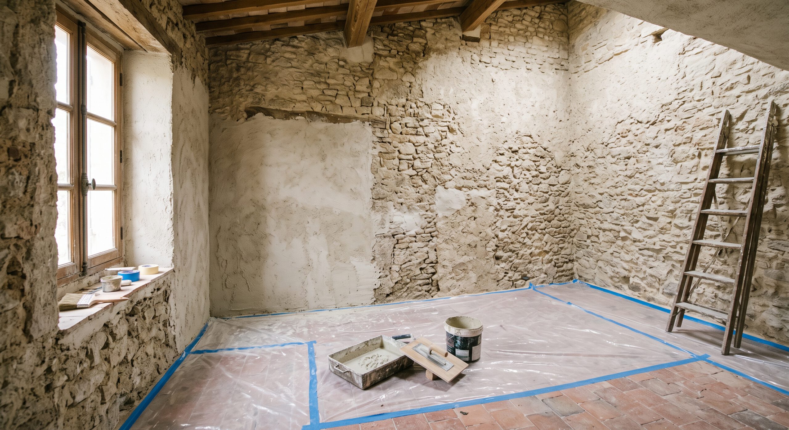 Pièce en rénovation avec murs en pierre, poutres apparentes et sol protégé