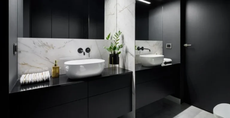 Salle de bain noire avec vasque blanche et crédence veinée