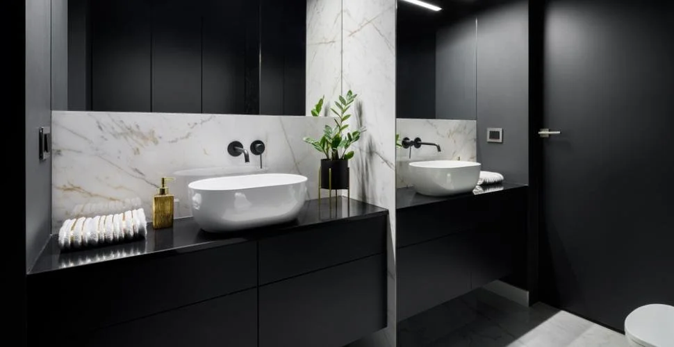 Salle de bain noire avec vasque blanche et crédence veinée
