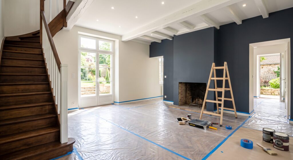 Séjour avec mur sombre, escalier en bois, escabeau et sol protégé pendant les travaux de peinture