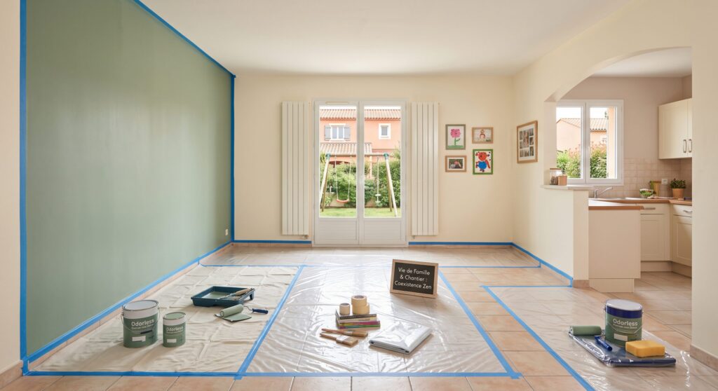 Séjour avec mur vert, cuisine ouverte et matériel de peinture sur un sol protégé
