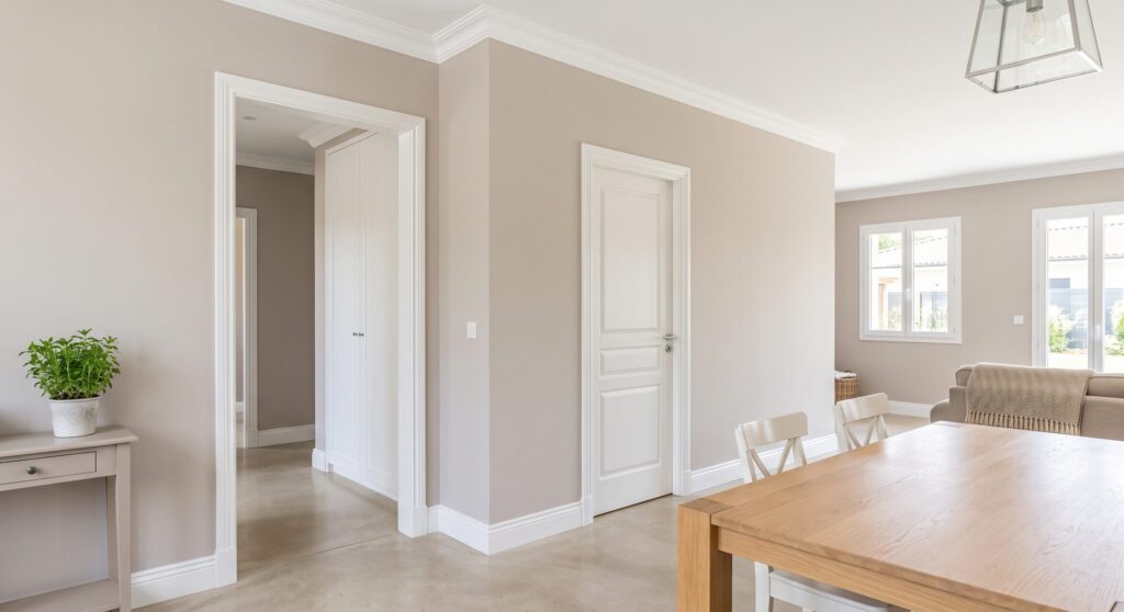 Séjour aux murs beige clair, portes et plinthes blanches, ouvert sur une salle à manger